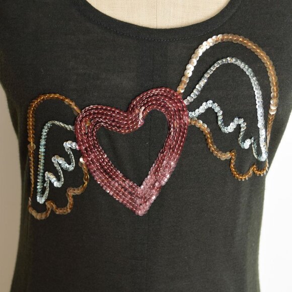 vintage 70s dress black sequin HEART wings racerback disco long maxi sundress S - Picture 5 of 8